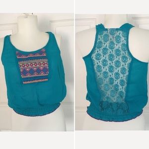 MOSSIMO• Aqua Tribal Crop Tank With Lace Back